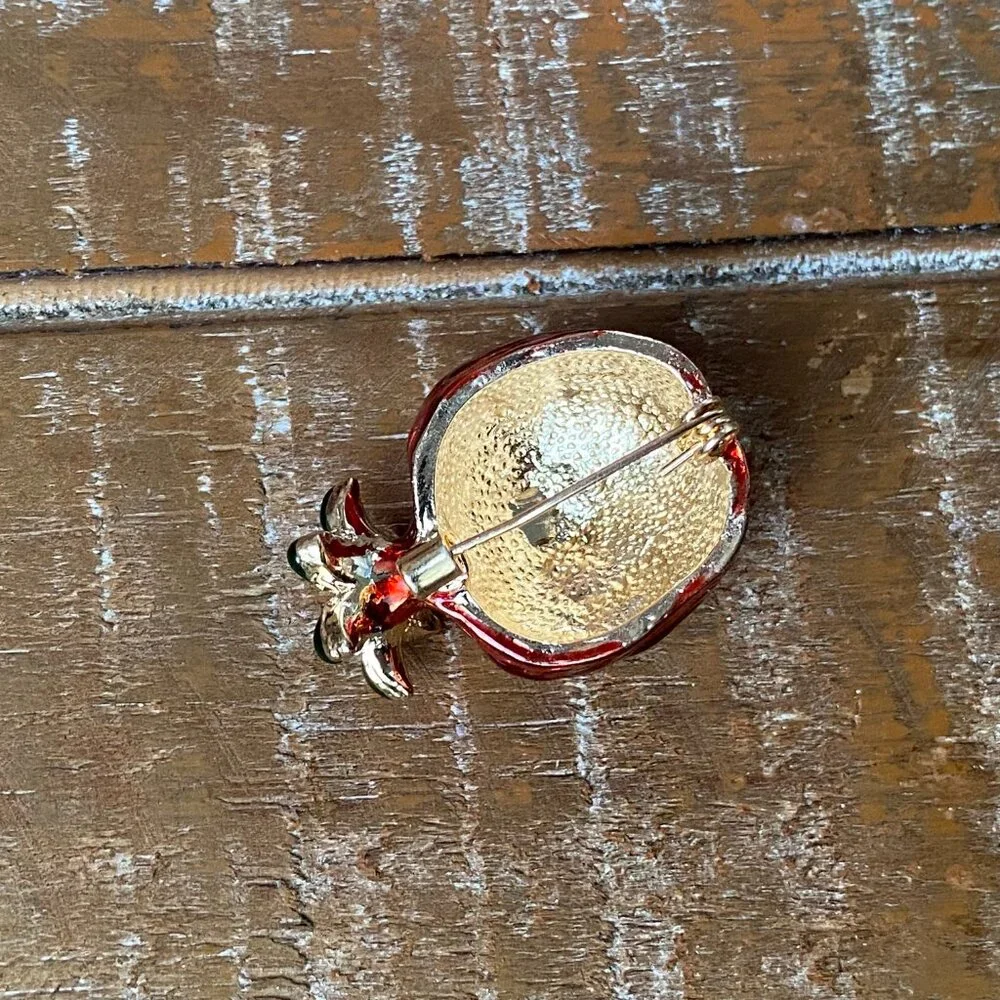 VINTAGE ESTATE Pomegranate Brooch Pin Rare Enamel Rhinestone Costume Jewelry 80s